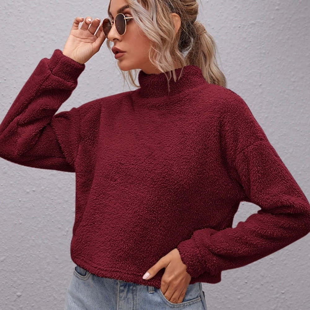 SHEIN Mock-neck Drop Shoulder Teddy Pullover